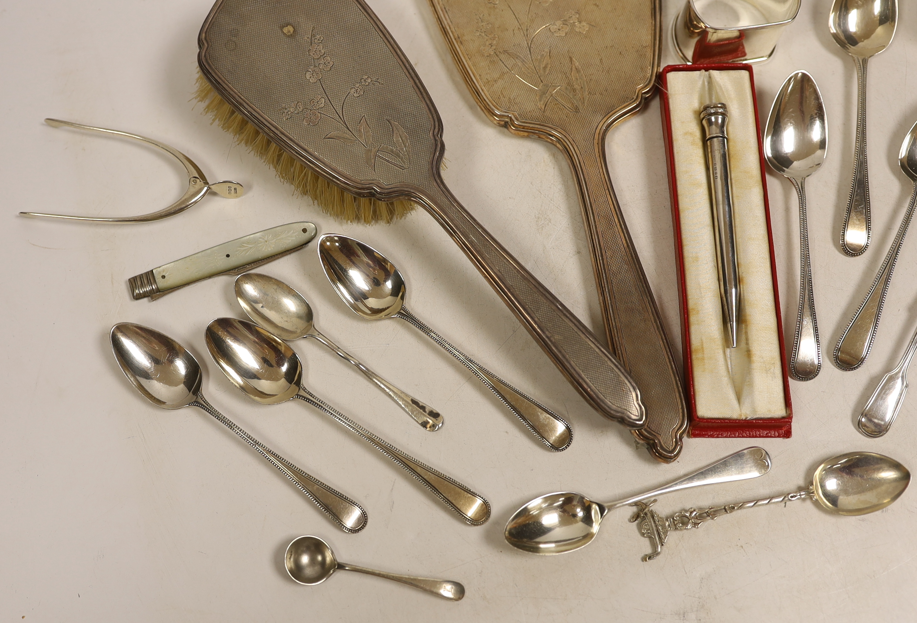 A silver mounted hand mirror and hair brush and sundry small silver including teaspoons, Georgian - Image 2 of 6