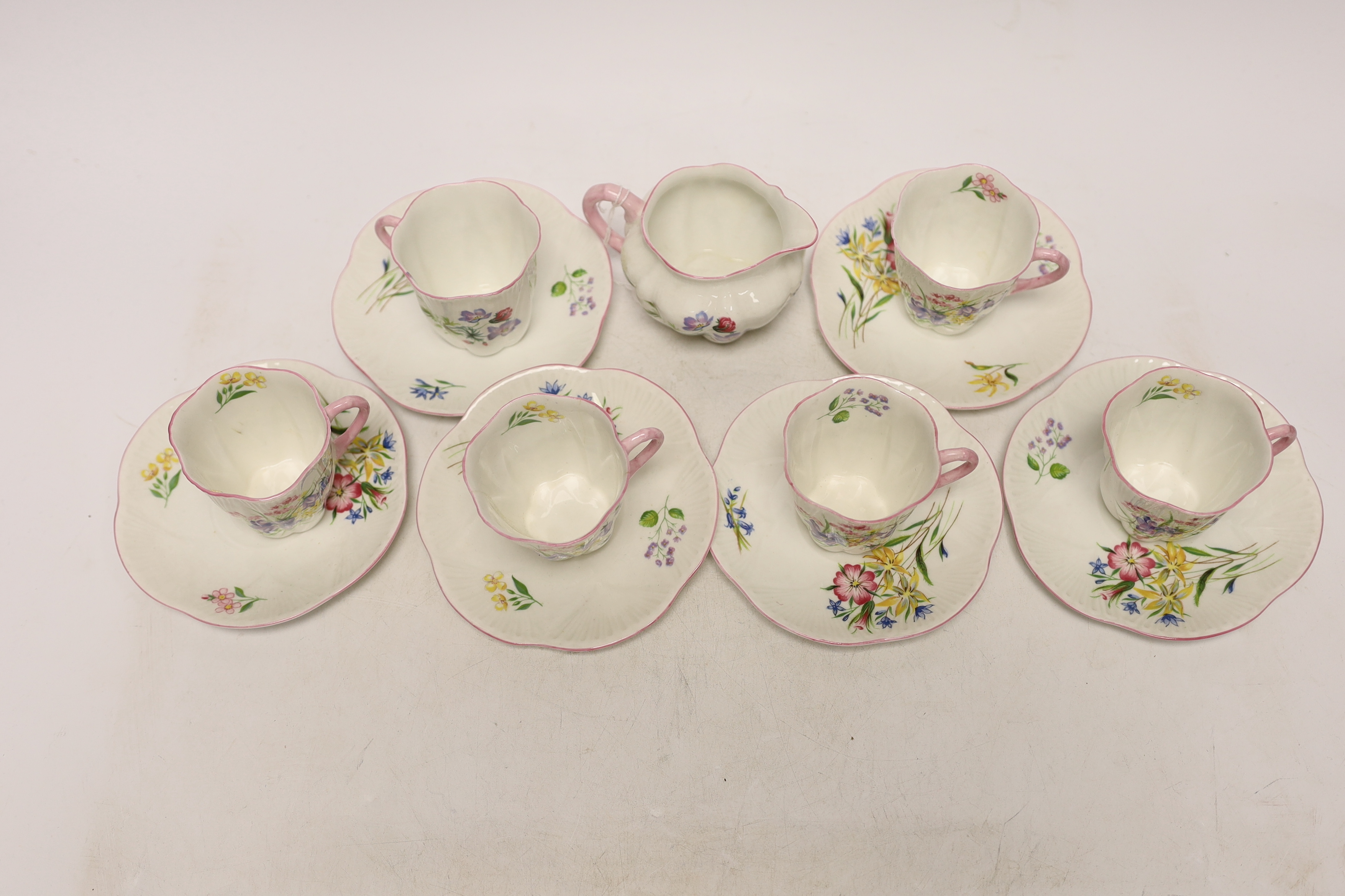 A Shelley 'wild flowers' bone china part tea set comprising milk jug and six cups and saucers - Image 3 of 5