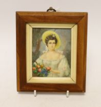 O. Bohmer (German), watercolour on ivory, portrait miniature, Lady holding fruit, 8 x 6cm CITES
