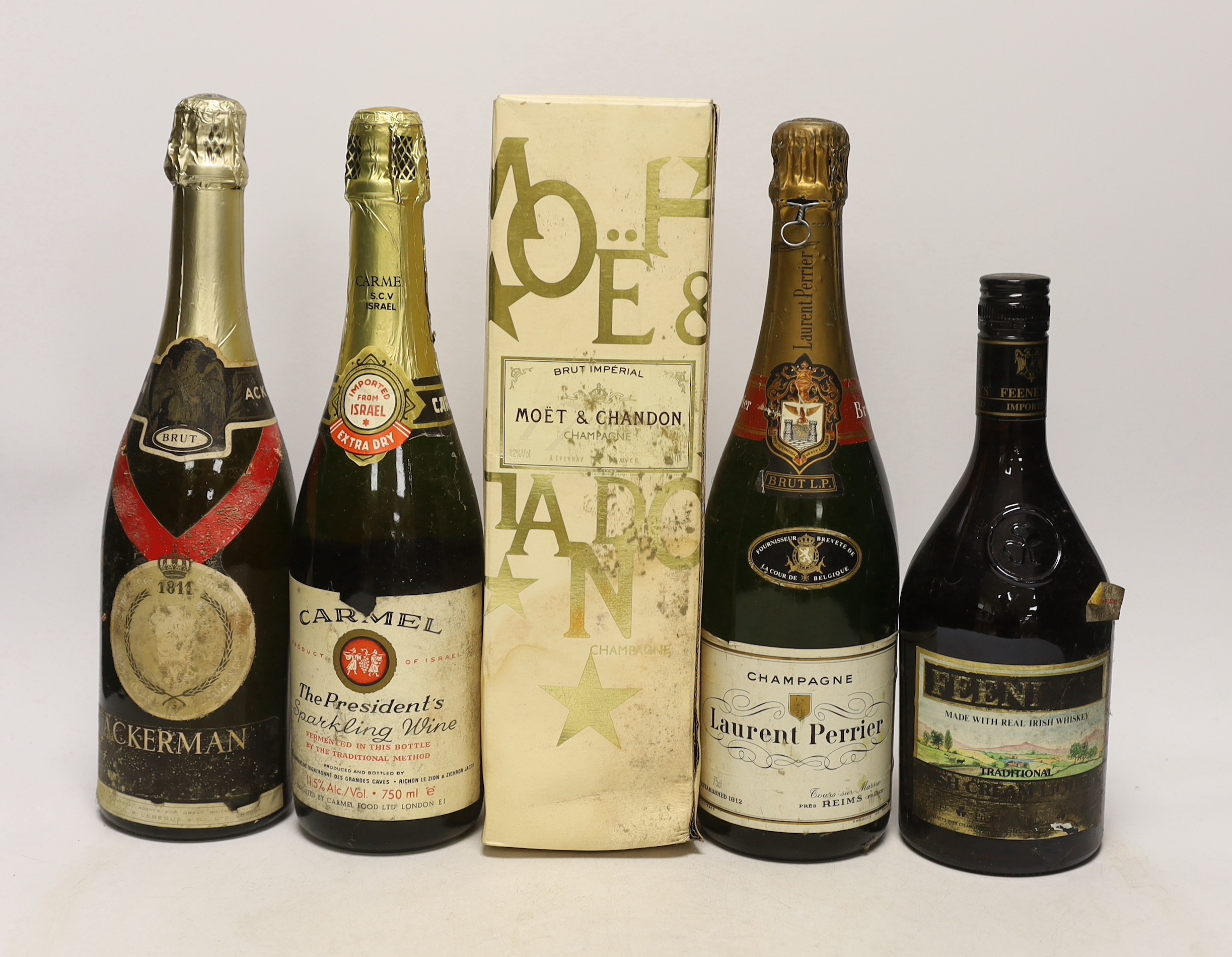 A bottle of Moët & Chandon, a bottle of Laurent Perrier, Ackerman, Carmel and Feeneys (5)