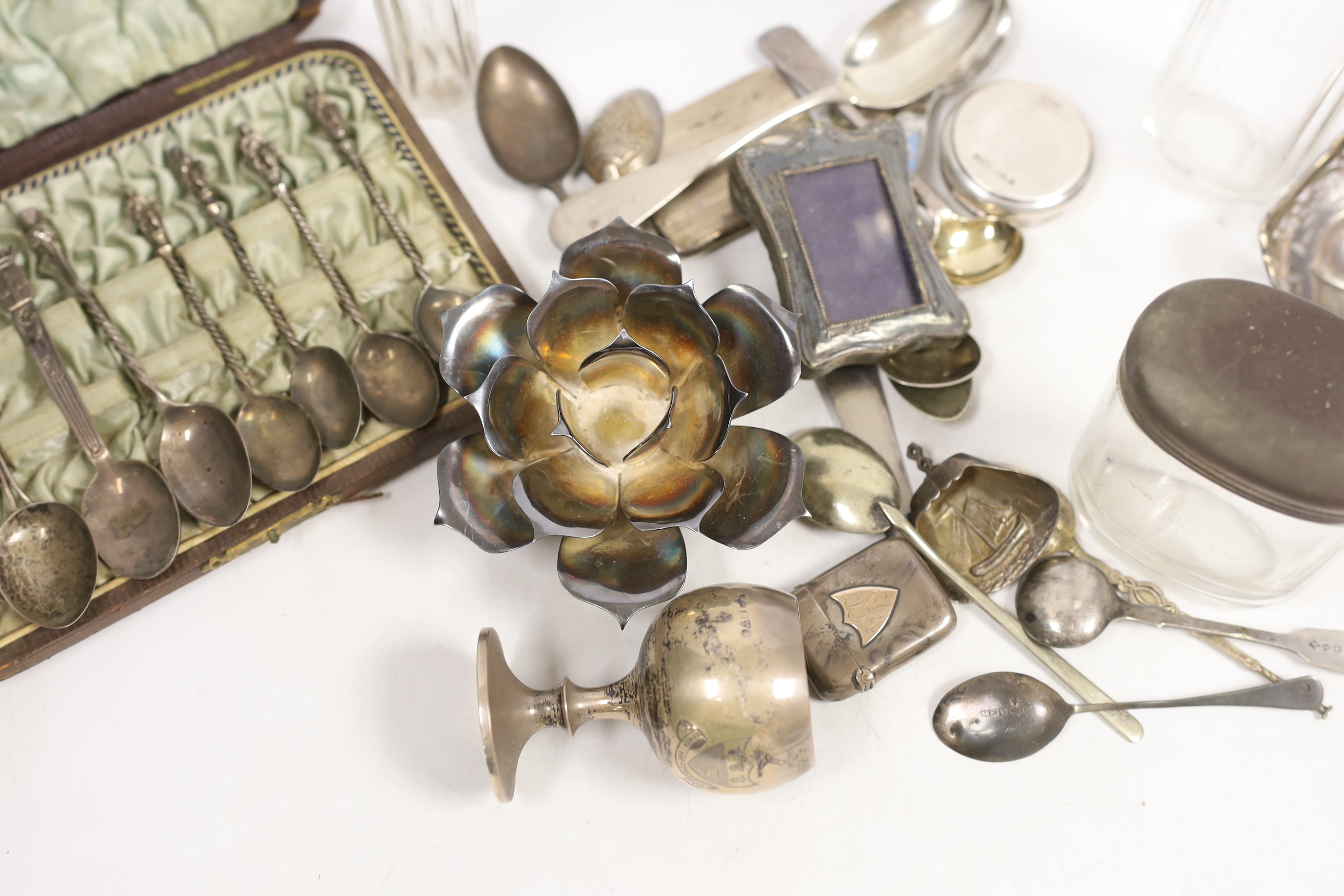Sundry small silver and sterling items including teaspoons, hanging basket, goblet, miniature - Image 3 of 4