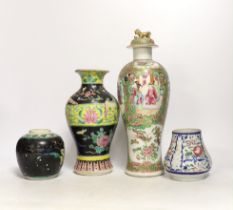 Chinese porcelain- a tall 19th century famille rose vase and cover, a famille rose jar, early 19th