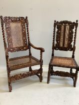 A Charles II walnut and canework open armchair and a similar side chair, larger width 60cm, depth