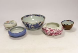 A Chinese Clare de lune glazed brushwasher, a famille rose box and cover, an octagonal puce