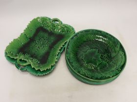 Nine pieces of Victorian cabbage ware green glazed majolica dessert plates and dishes, mostly