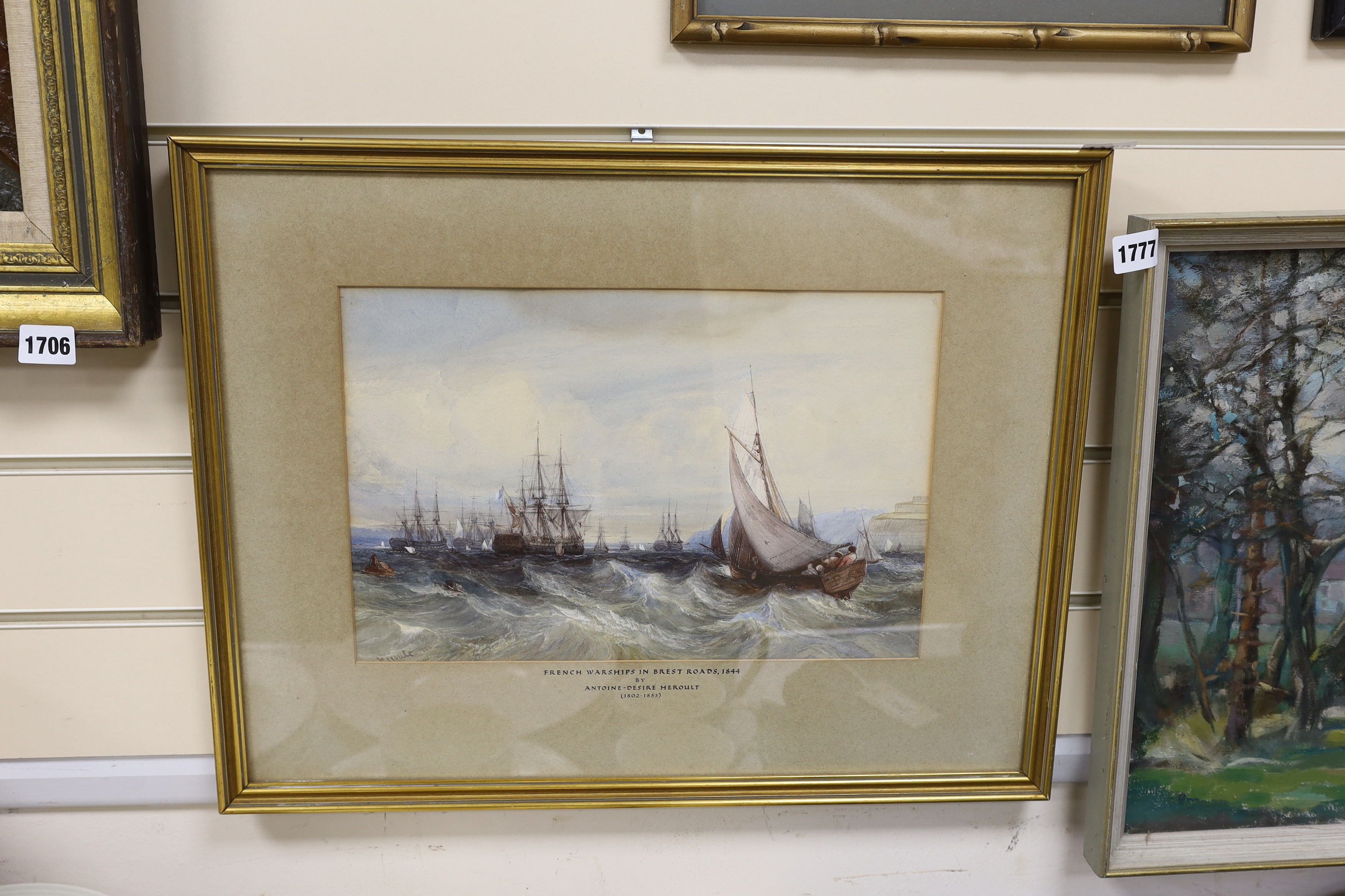 Antoine-Desire Heroult (French, 1799-1853), watercolour, French warships in Brest Roads, signed - Image 2 of 3
