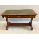 A Victorian rectangular mahogany two drawer writing table, with leather inset top, width 116cm,