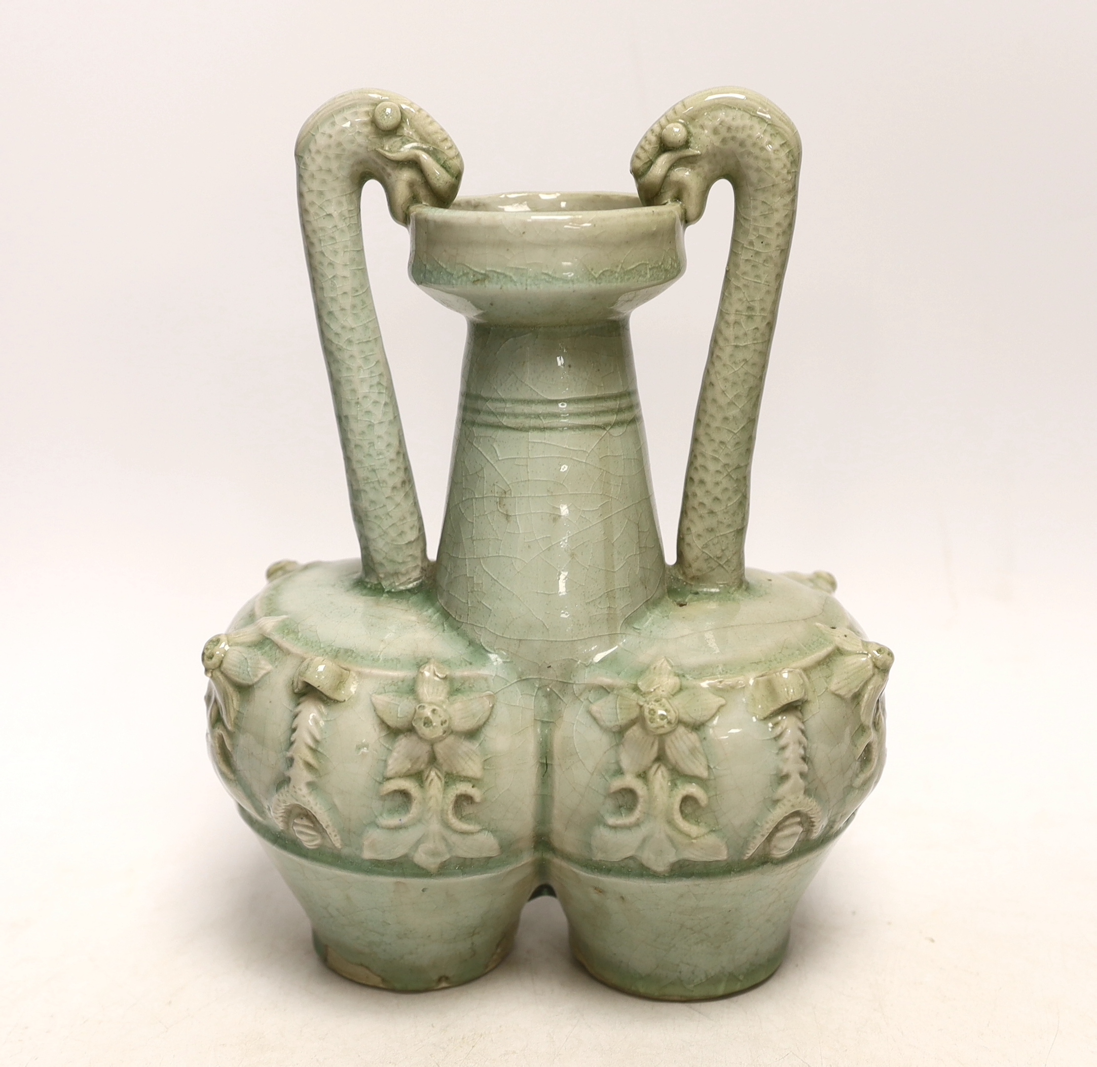 A Chinese celadon glazed conjoined vase, 25cm