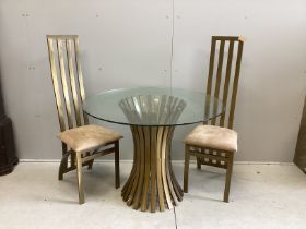 A Contemporary Italian design circular gilt metal glass top table, diameter 100cm, height 74cm,