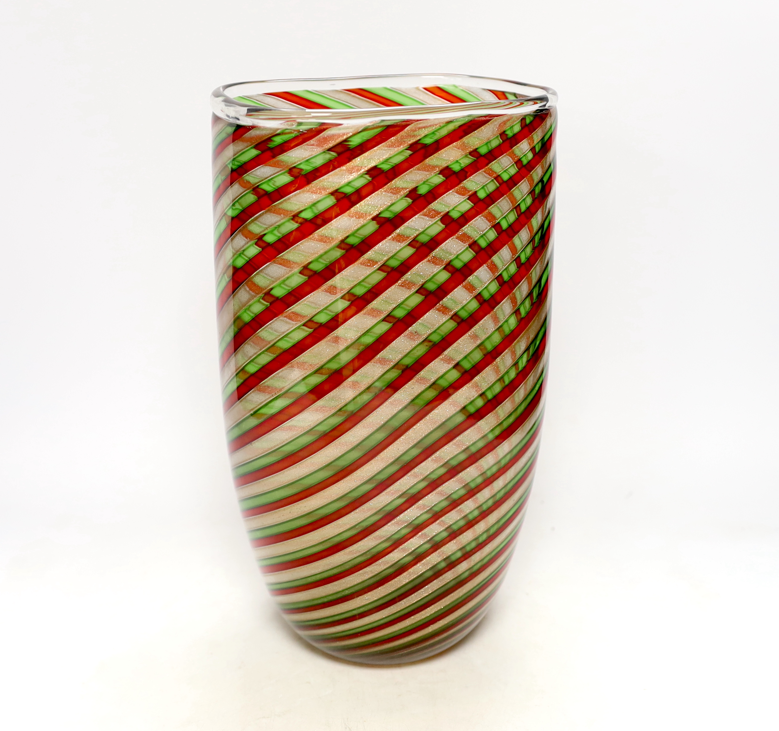 A large Formia, Murano red, green and aventurine ‘a canne’ glass vase, engraved mark, 33cm