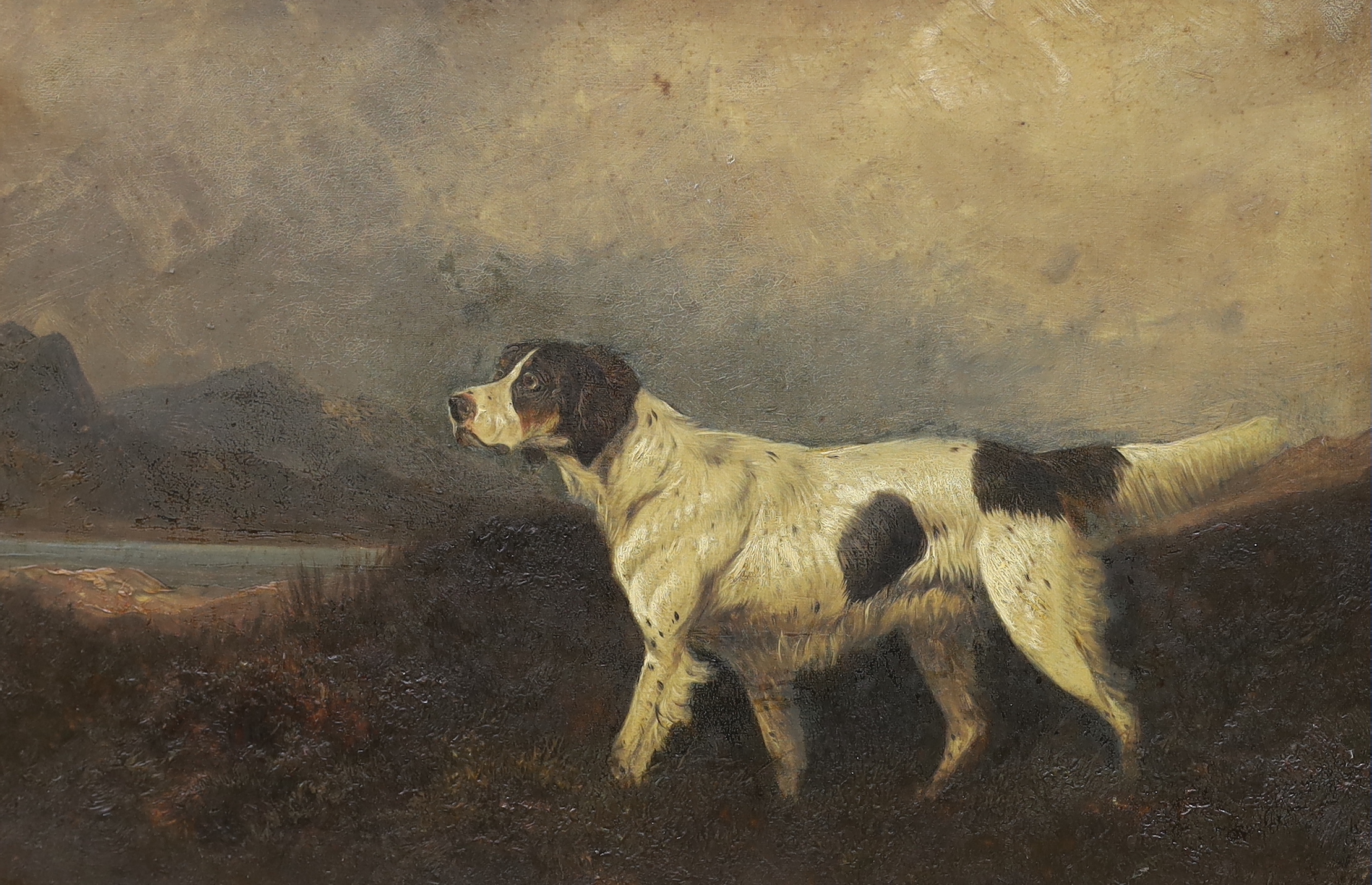 19th century English School, pair of oils on canvas, Gundogs before landscapes, unsigned, 34 x 51cm, - Image 2 of 3