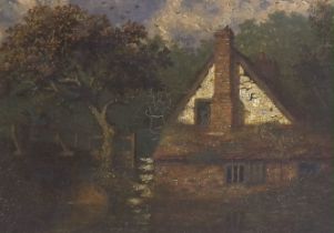 Early 19th century, oil on panel, Rural landscape with cottage, 15 x 20cm, ornate gilt framed