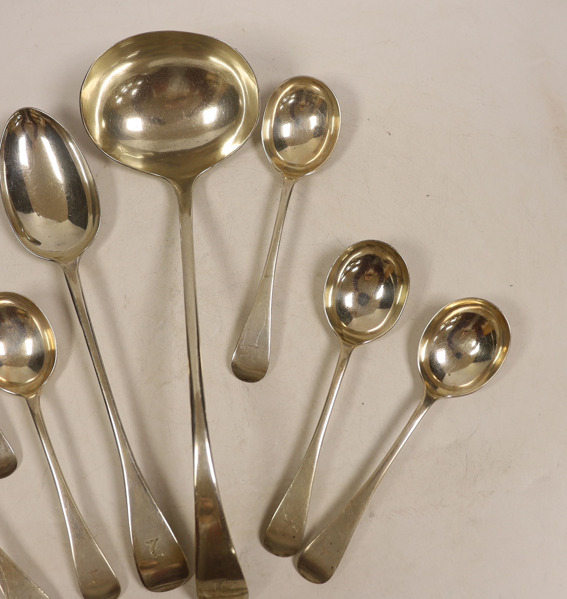A George V silver Old English pattern soup ladle, basting spoon and set of six soup spoons, John - Image 3 of 6