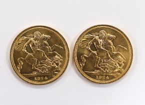 British gold coins - Two QEII gold sovereigns, 1974, near UNC, (S4204)