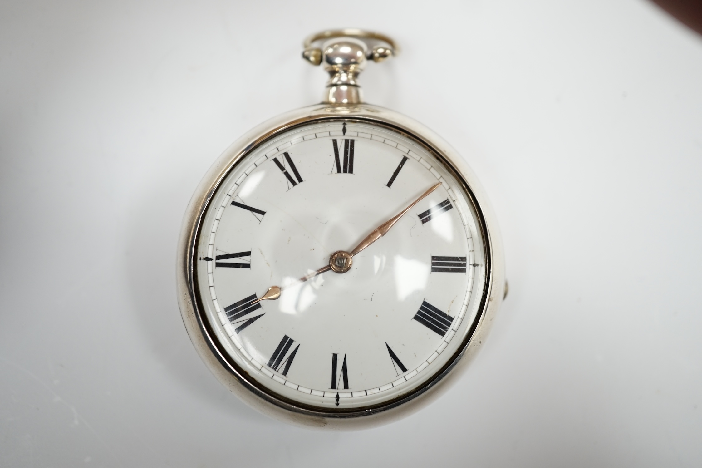 A George III silver pair cased keywind verge pocket watch, by W, Atwood of Lewes, with Roman dial - Image 3 of 6