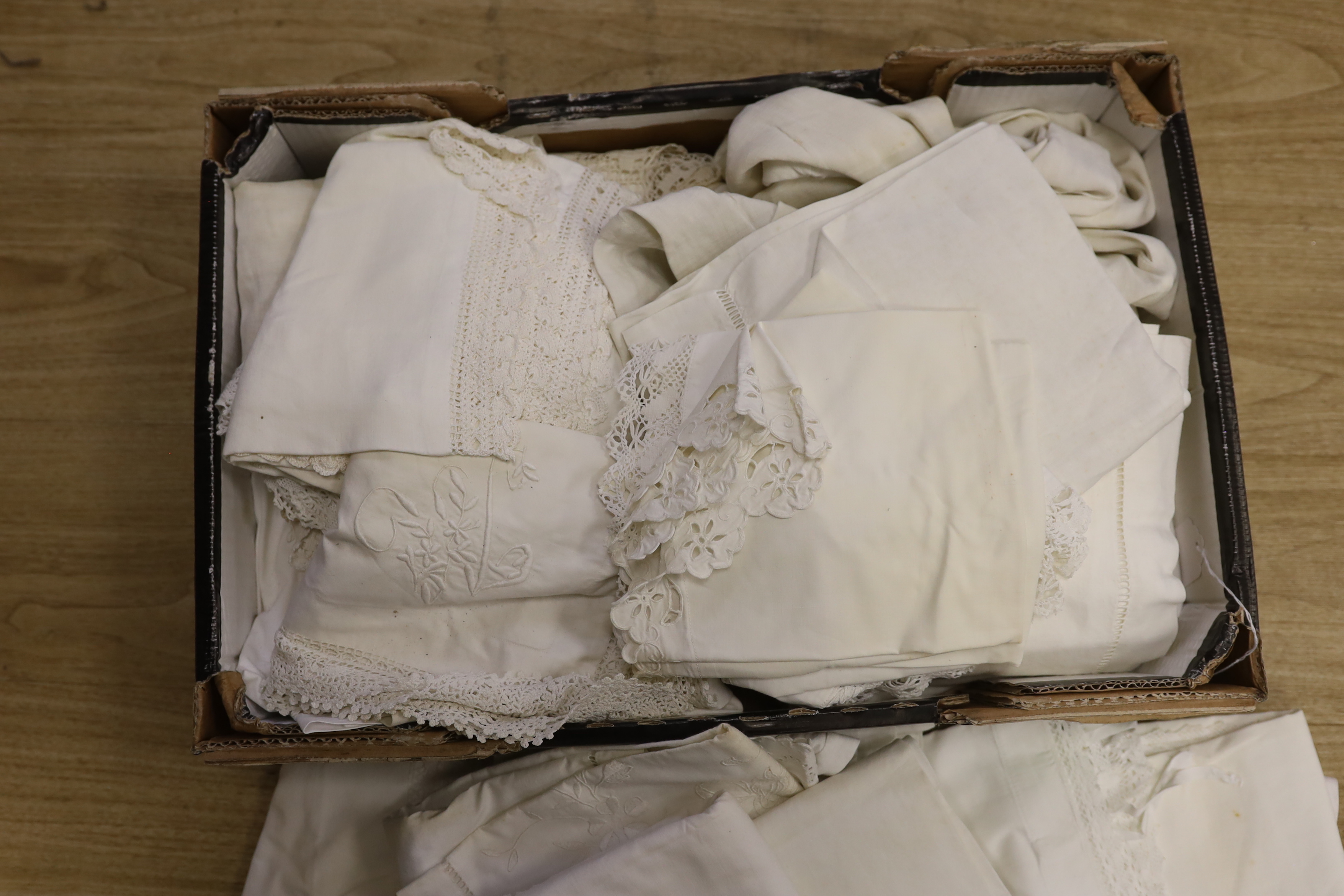 A large collection of French embroidered and crochet edged pillowcases and bolsters, some in pairs - Image 4 of 4