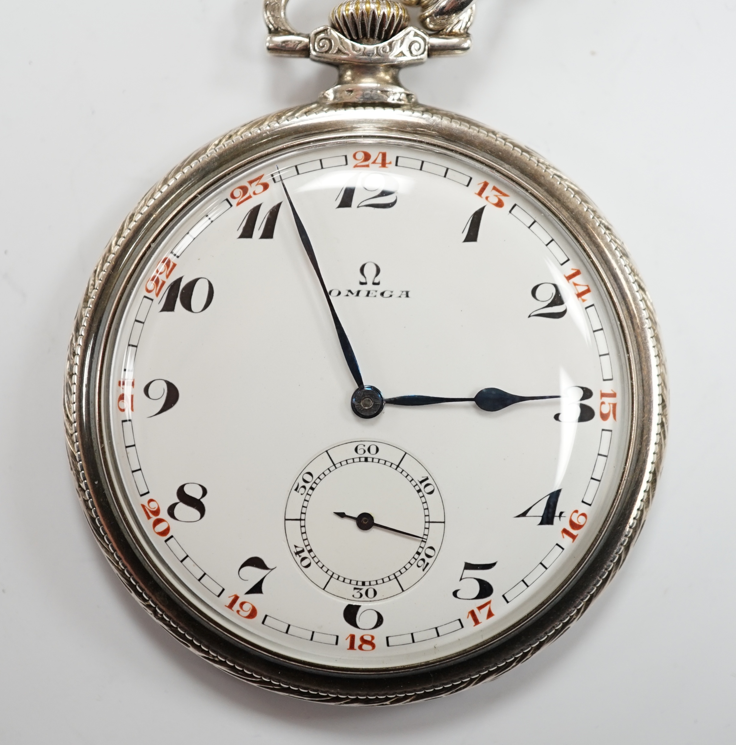 A German 900 standard cased Omega keyless open face dress pocket watch, with Arabic dial and