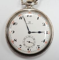 A German 900 standard cased Omega keyless open face dress pocket watch, with Arabic dial and