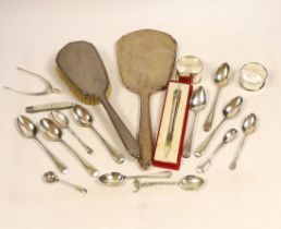 A silver mounted hand mirror and hair brush and sundry small silver including teaspoons, Georgian