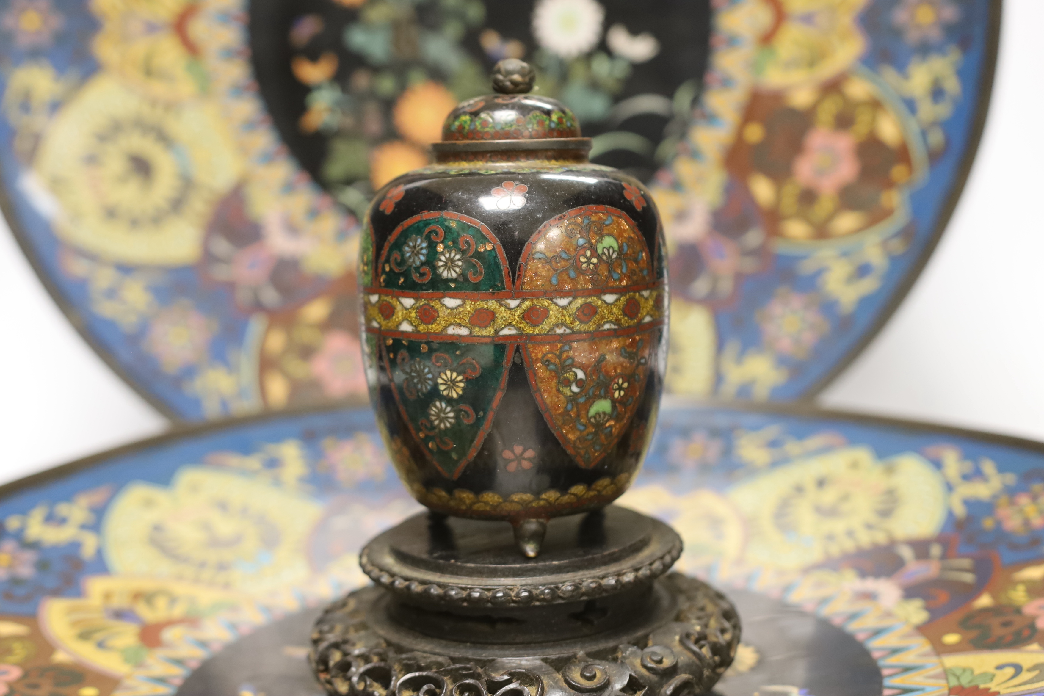 Two Japanese cloisonné enamel chargers and a finer cloisonne jar and cover on stand, largest 46cm ( - Image 2 of 3