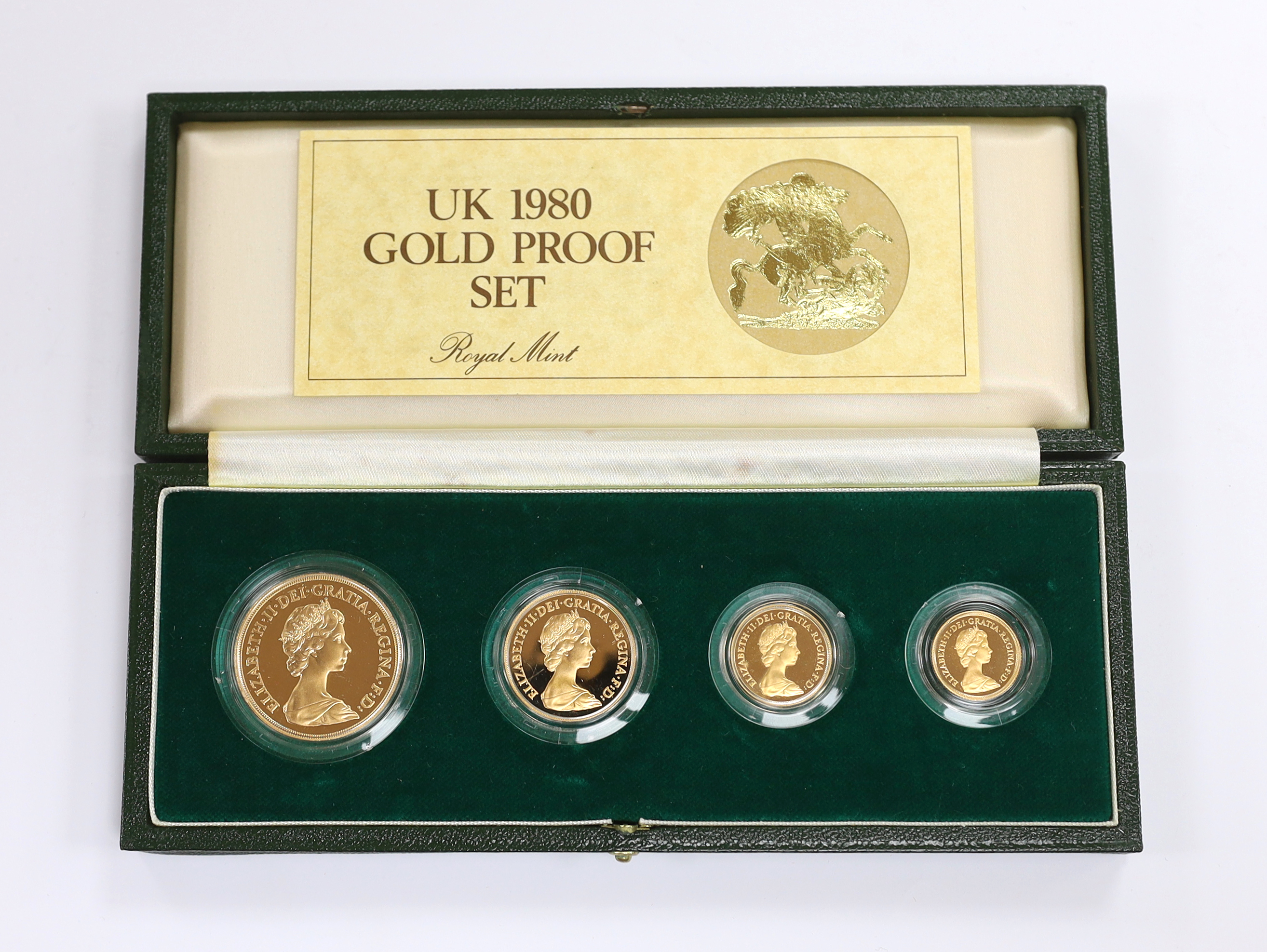 British gold coins - A Royal Mint UK QEII Gold Proof Set, 1980, comprising £5, £2, sovereign and