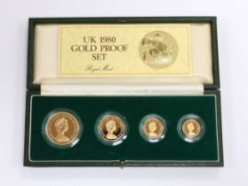 British gold coins - A Royal Mint UK QEII Gold Proof Set, 1980, comprising £5, £2, sovereign and