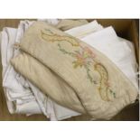 A damask linen table cloth with swan design, various table linens, watered silk embroidered bag,