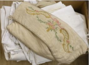 A damask linen table cloth with swan design, various table linens, watered silk embroidered bag,