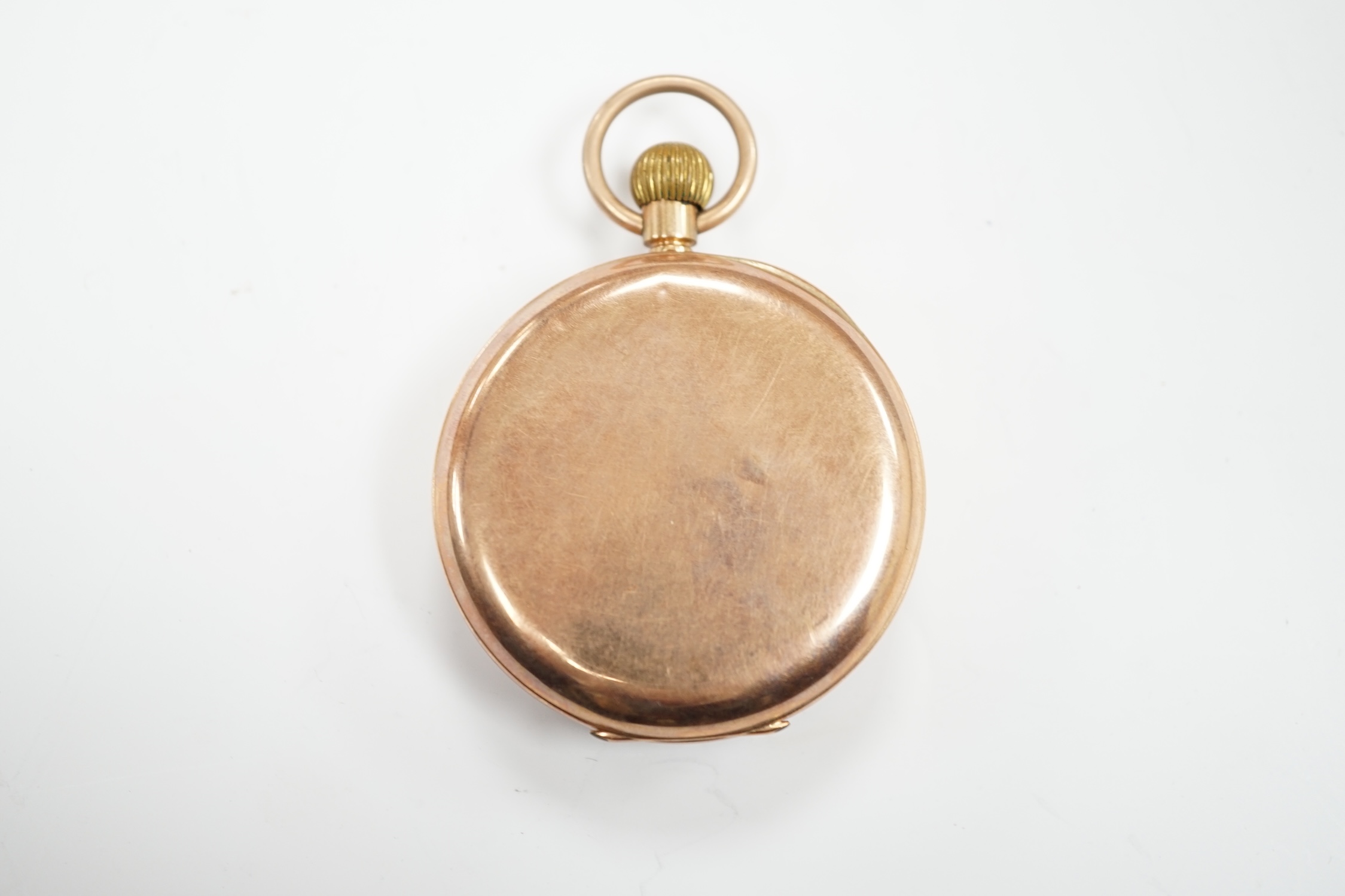 A George V 9ct gold open face keyless pocket watch, with Roman dial and subsidiary seconds, case - Bild 2 aus 2