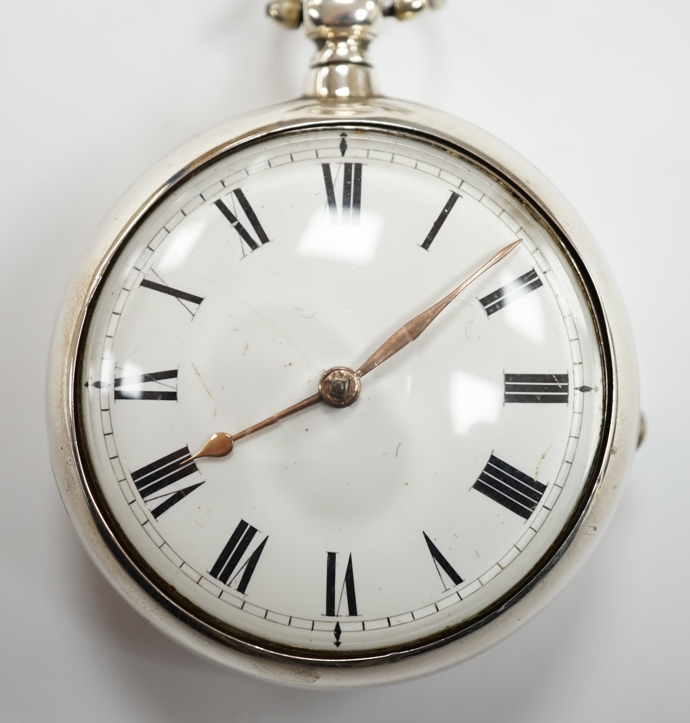 A George III silver pair cased keywind verge pocket watch, by W, Atwood of Lewes, with Roman dial