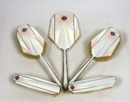 An Art Deco Mappin & Webb silver, enamel, marcasite and black opal mounted six piece mirror, comb(