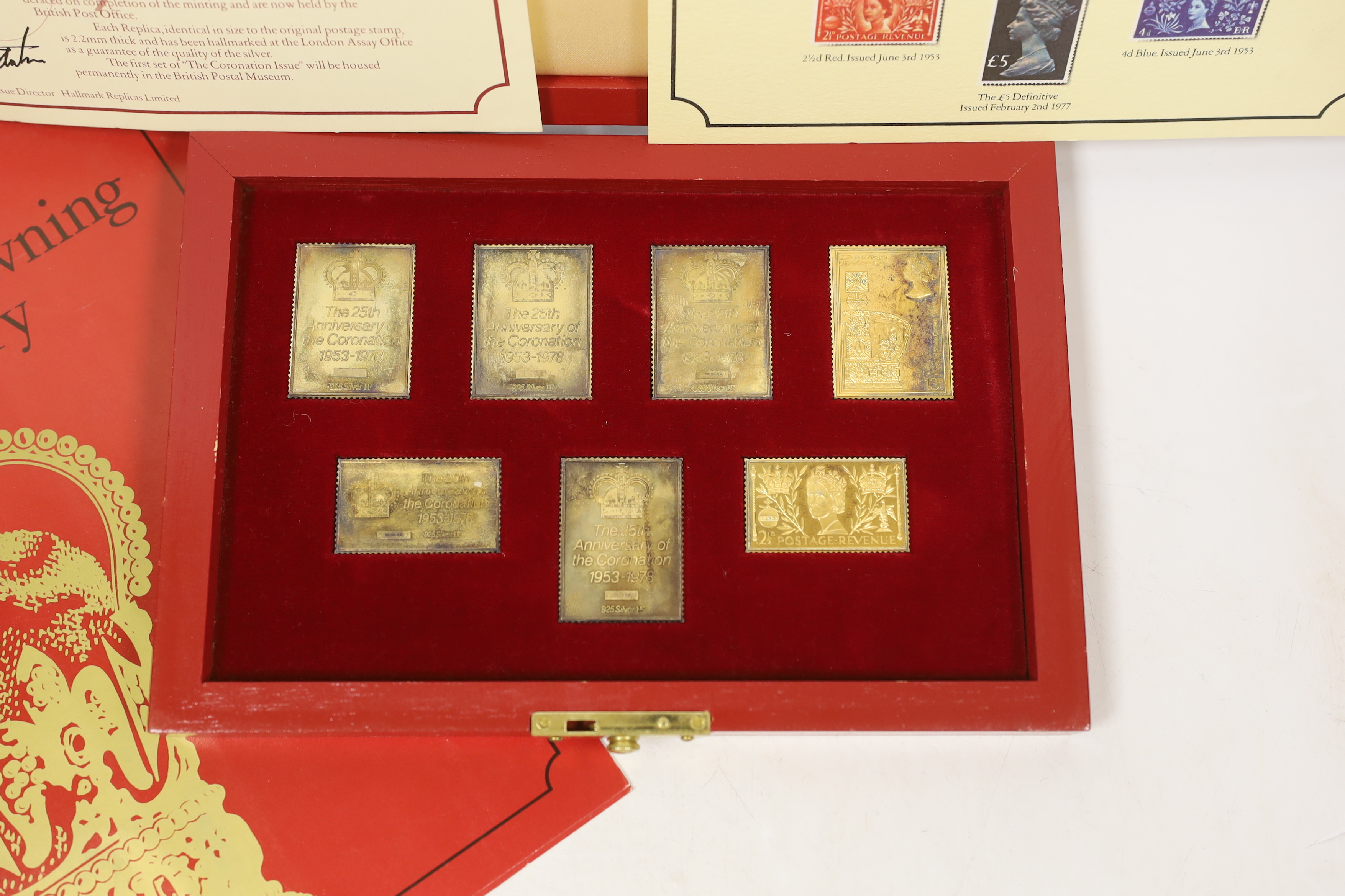 Hallmark Replicas Ltd. silver gilt Coronation issue stamp replicas, cased - Image 2 of 4