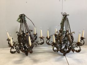 A pair of gilt metal and wrought iron six branch electroliers, height 70cm