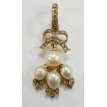 A yellow metal, cultured pearl and rose cut diamond cluster set drop pendant, 34mm, gross weight 3.4