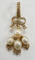 A yellow metal, cultured pearl and rose cut diamond cluster set drop pendant, 34mm, gross weight 3.4