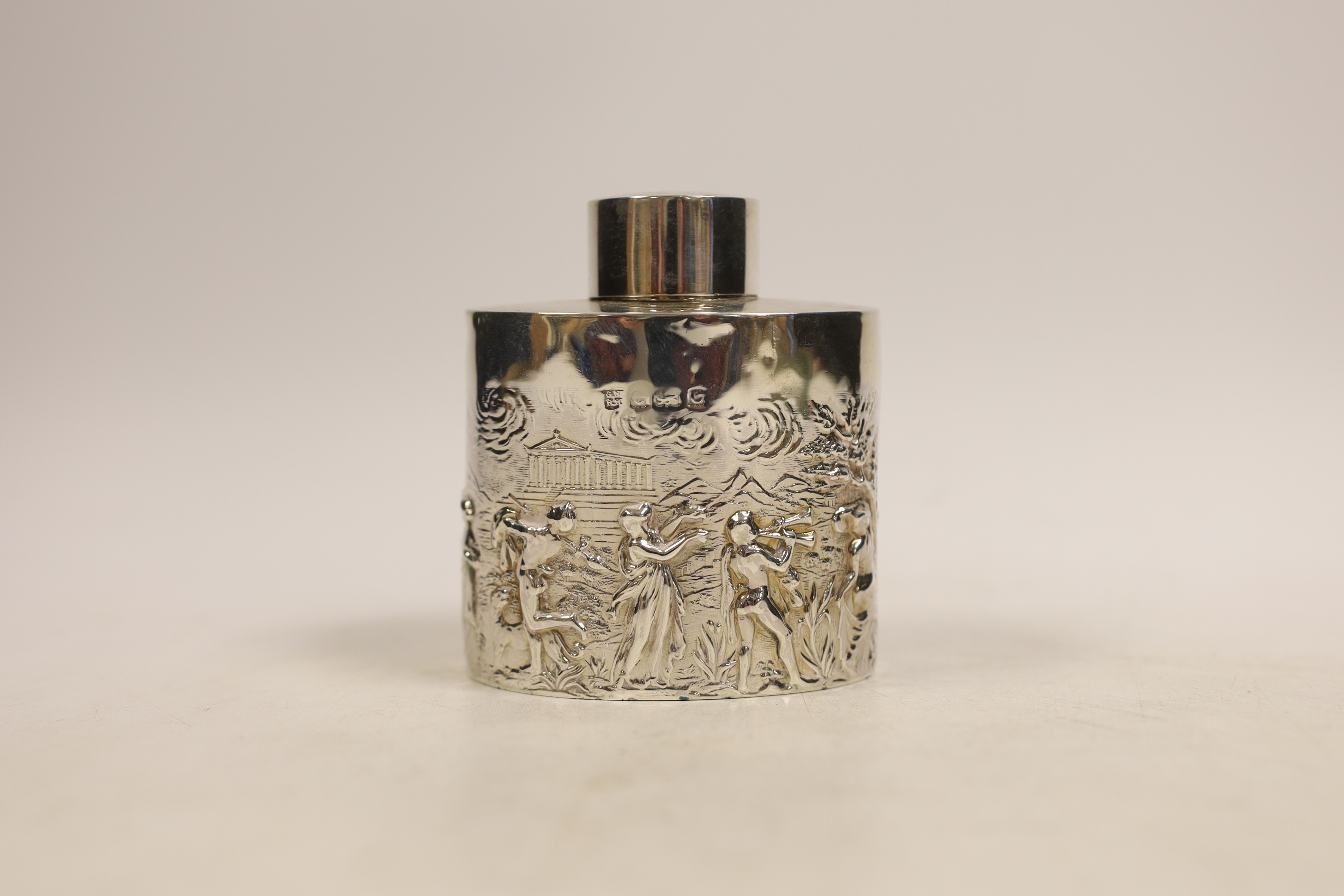 An Edwardian oval silver tea caddy embossed with all round Classical Greek imagery of figures, - Image 2 of 4