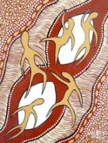 Lorni Hyland (20th. C), mixed media, Aboriginal dot painting, Five surreal figures, signed and dated