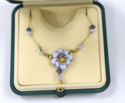 A 20th century Italian 750, enamel, diamond and gem bead set drop pendant necklace, 42cm, gross