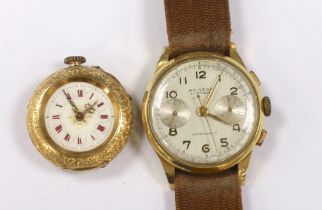 A gentleman's 18k Orator manual wind wrist watch (a.f.) and an 18 k fob watch.