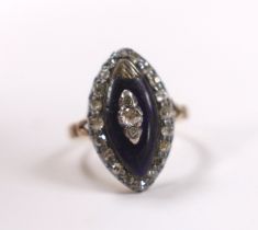 A 19th century yellow metal, enamel and rose cut diamond cluster set navette shaped ring (a.f.),