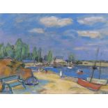 Peggy Somerville (1918-1975 ) Beach scene with boats, signed and dated '58, 23 x 30cm