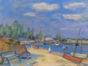 Peggy Somerville (1918-1975 ) Beach scene with boats, signed and dated '58, 23 x 30cm