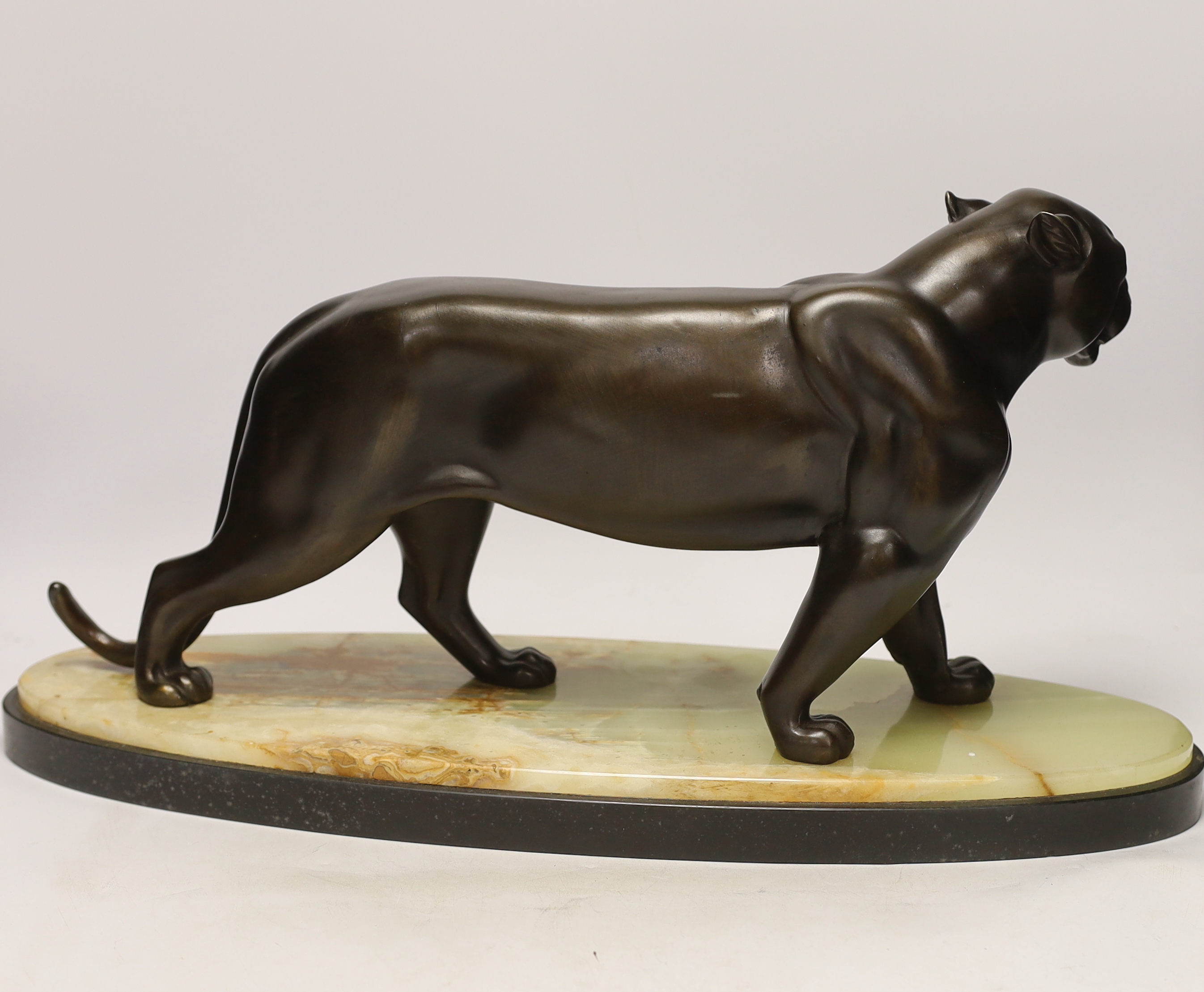 An Art Deco bronzed spelter figure of a panther, attributed to Rochard, on marble base, 56cm long - Image 3 of 3