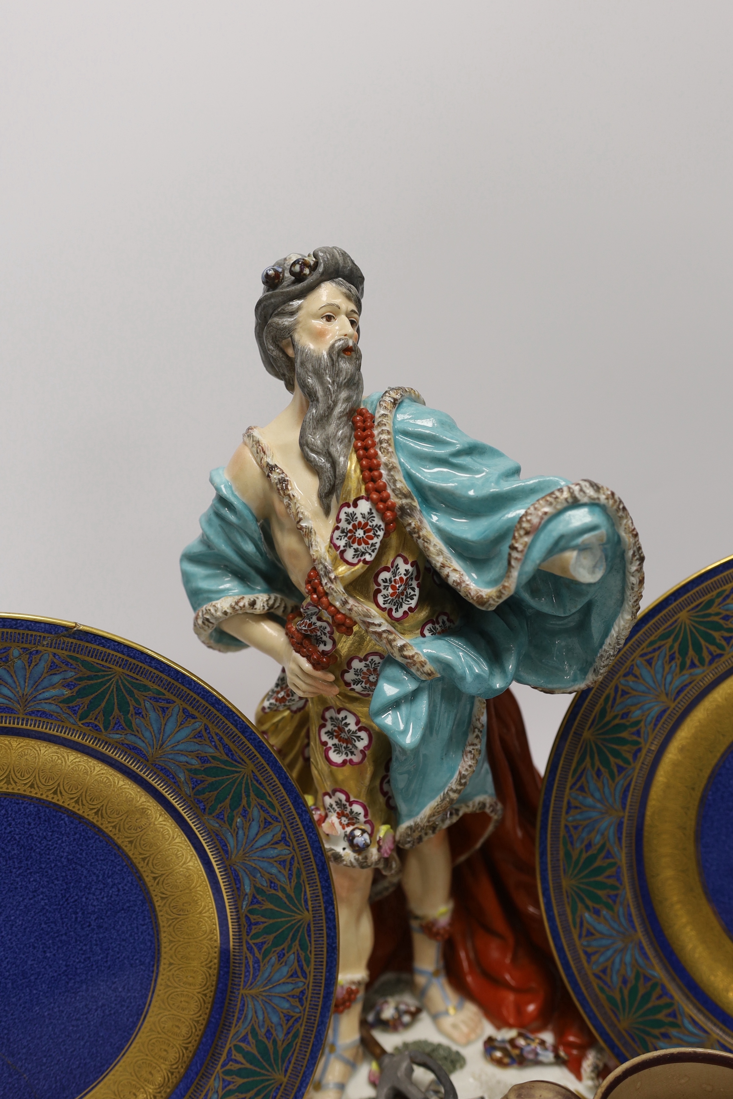 A Derby style figure of Neptune, two Wedgwood plates (one a.f.) and a Staffordshire drab ground jug, - Image 4 of 7