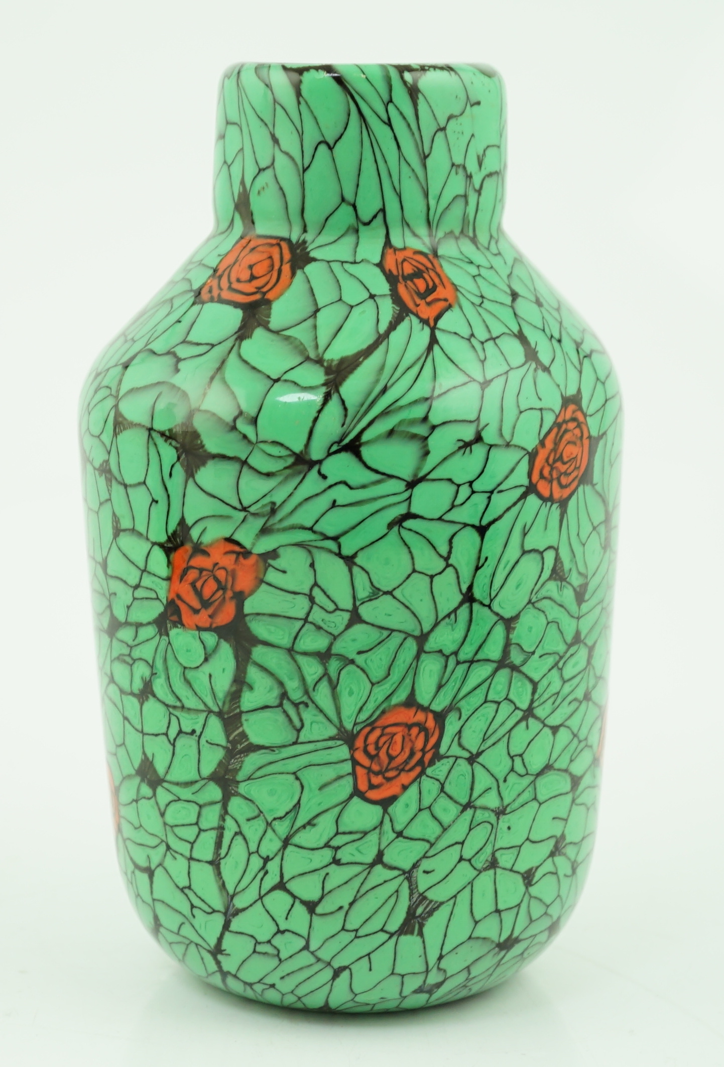 ** ** Vittorio Ferro (1932-2012) A Murano glass Murrine vase, with green leaves and red rose buds, - Image 2 of 4