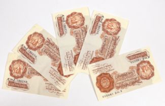 Five consecutive Bank of England, Ten Shillings banknotes, Series "A" Britannia Issue, c.1949-