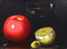 Dutch style, oil on board, Still life of fruit, indistinctly signed and inscribed verso, 14 x 18.