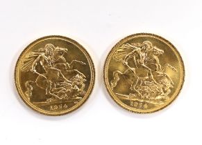 British gold coins - Two QEII gold sovereigns, 1974, about UNC, (S4204)