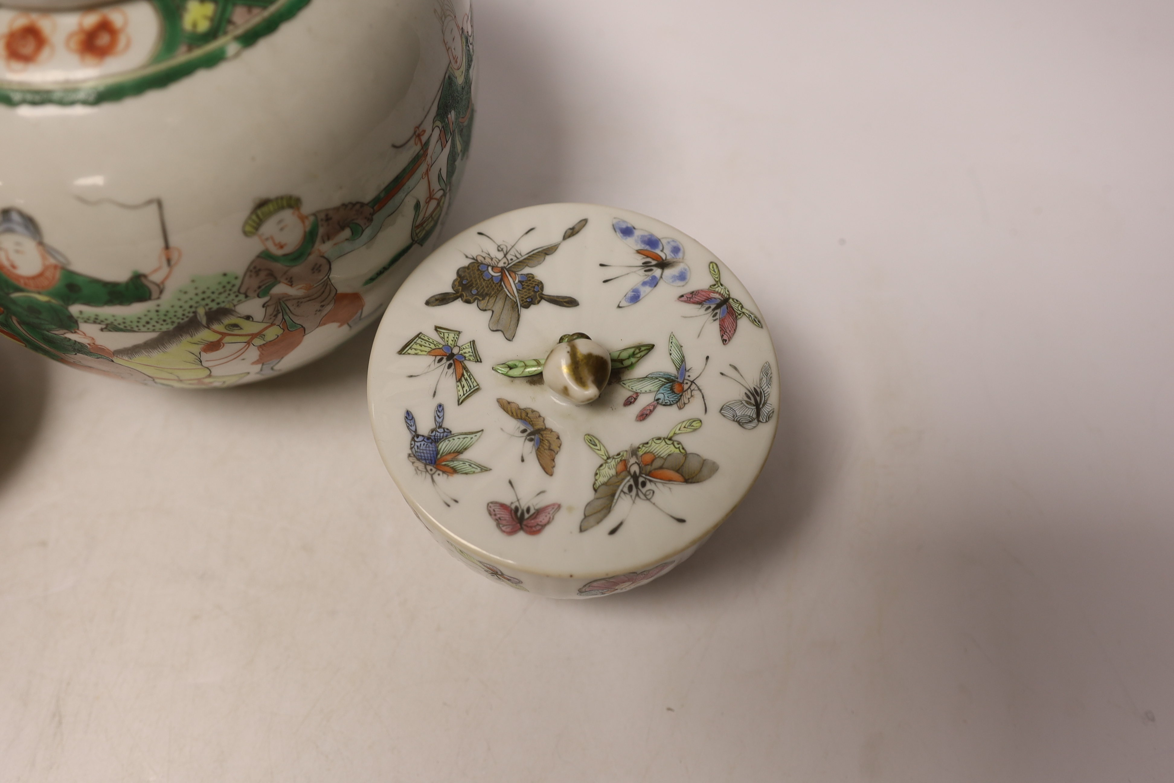 A Chinese famille rose 'butterfly' bowl and cover, Tongzhi mark and period, a famille verte jar - Image 6 of 8