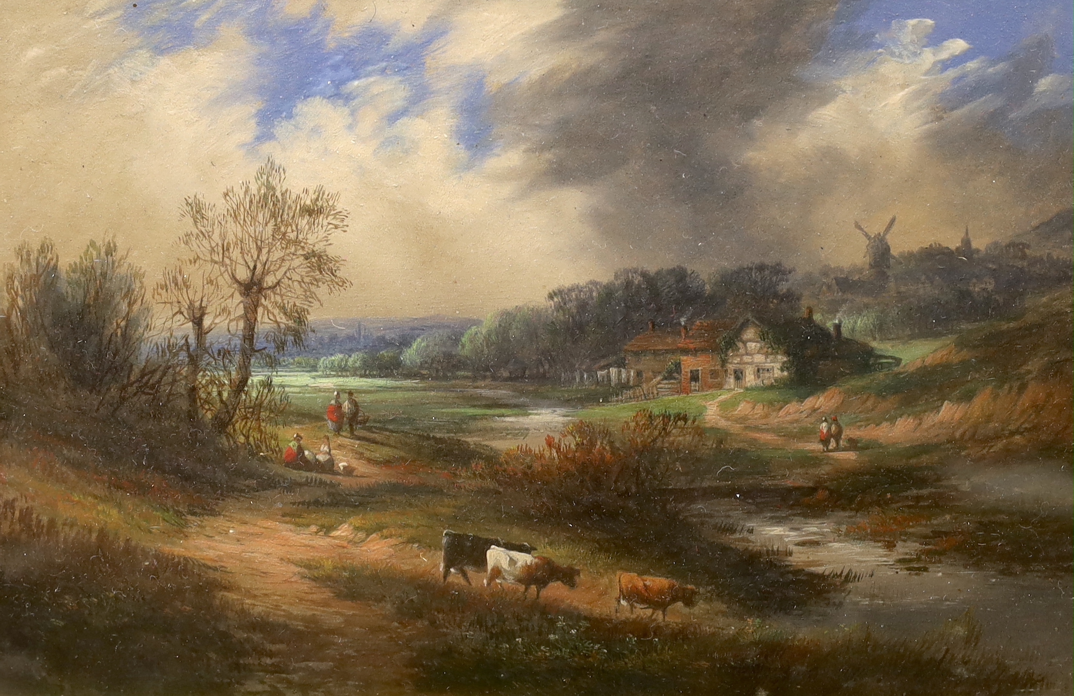 19th century Continental School, oil on board, River landscape with cattle, unsigned, 19 x 30cm,